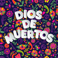 Dias de los Muertos typography banner vector. In English- Feast of death. Mexico design for fiesta cards or party invitation, poster. Flowers traditional mexican frame with floral letters on dark