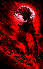 A blood female vampire against a full blood moon screams in waves of crimson dark blood. 2D illustration
 - obrazy, fototapety, plakaty