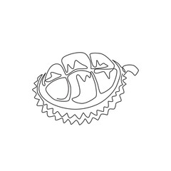 Single continuous line drawing half sliced healthy organic durian for orchard logo identity. Fresh spiky fruitage concept for fruit garden icon. Modern one line draw design vector graphic illustration