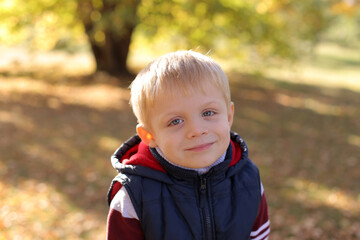 Close-up of the face of a small smiling boy on a bench in the autumn Park in Sunny weather.