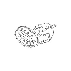 One continuous line drawing whole and sliced healthy organic soursop for orchard logo identity. Exotic fruits concept for fruit garden icon. Modern single line draw design graphic vector illustration