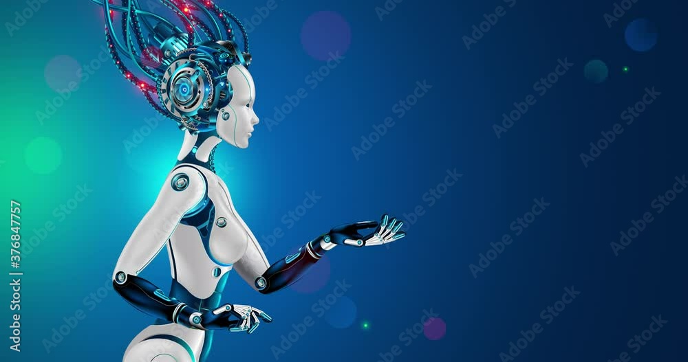 Aufkleber Woman robot or cyborg holding out hand palm up to blank text place. Humanoid machine with artificial intelligence. AI or computer neural network in image female android. 3d rendering animation banner.