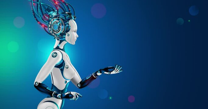 Woman robot or cyborg holding out hand palm up to blank text place. Humanoid machine with artificial intelligence. AI or computer neural network in image female android. 3d rendering animation banner.