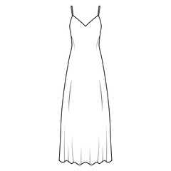 Strap sun dress technical fashion illustration with deep V-neck, maxi ancle length, loose shape, semi-sircular fullness. Flat apparel template front, white color. Women, men, unisex top CAD mockup