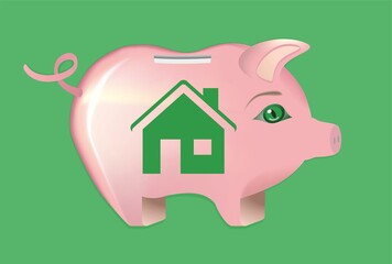 Pink piggy bank with house. Plan and save for your house or apartment. Vector illustration.