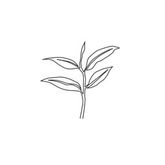 One single line drawing healthy organic tea leaves for plantation logo identity. Fresh tender bud of tea shoot concept for tea leaf icon. Modern continuous line draw design graphic vector illustration