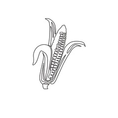 One continuous line drawing of whole healthy organic corn crop for farm logo identity. Fresh maize concept for starchy vegetable icon. Modern single line graphic draw design vector illustration