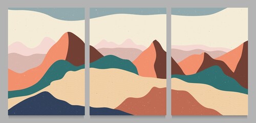 Mid century modern minimalist art print. Abstract contemporary aesthetic backgrounds landscapes set with mountains, sea, river, sky, hill. vector illustrations