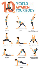 10 Yoga poses to awaken your body concept. Women exercising for body stretching. Yoga posture or asana for fitness infographic. Flat cartoon vector.