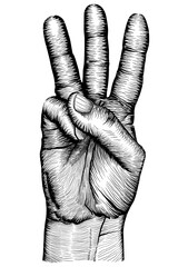 A hand with three fingers extended. Black and white drawing.