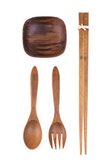 Natural Wooden fork, spoon, chopsticks and small bowl on white background, Kitchenware concept
