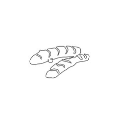 Single continuous line drawing of whole healthy organic turmeric for logo identity. Fresh flowering plant concept for vegetable icon. Modern one line draw design vector graphic illustration