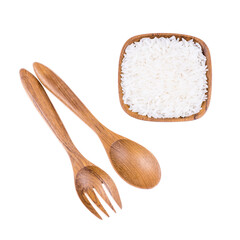 Natural Wooden fork and spoon with rice in small wooden bowl on white background, Kitchenware concept