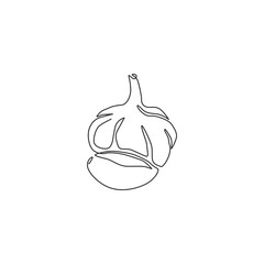 One single line drawing of whole healthy organic garlic for farm logo identity. Fresh food seasoning concept for vegetable icon. Modern continuous line draw design graphic vector illustration
