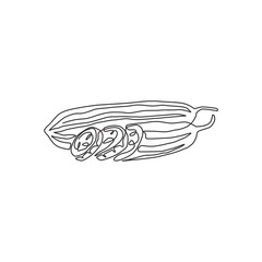 Single continuous line drawing of whole and sliced healthy organic sponge gourd for logo identity. Fresh Vietnamese luffa concept for vegetable icon. Modern one line draw design vector illustration