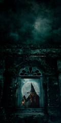 Halloween witch holding ancient lamp standing over ancient castle window, full moon with spooky...