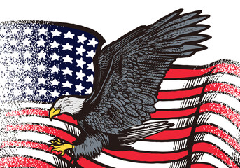 Hand drawn flying eagle with american flag illustration isolated on white background. Flying eagle with american flag for logo, emblem, wallpaper, poster or t shirt. American symbol of freedom.
