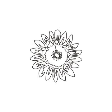 One single line drawing of beauty fresh sunflower for garden logo. Printable decorative helianthus summer flower concept wall home decor poster. Modern continuous line draw design vector illustration