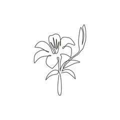One single line drawing of beauty fresh lilium for home wall decor poster. Printable decorative true lilies flower for wedding invitation card. Modern continuous line draw design vector illustration