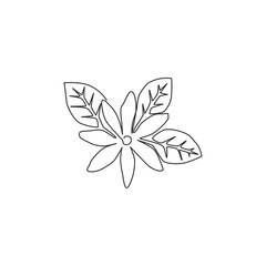 One single line drawing of beauty fresh deciduous jasmine flower for tea drink logo. Printable decorative jasminum for home wall decor poster. Modern continuous line draw design vector illustration