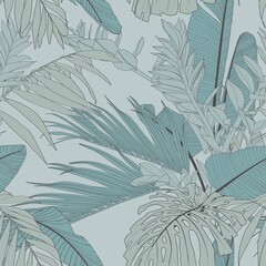 Blue green line seamless pattern with sketchy tropical palm foliage. Hand drawn illustration on vintage background.