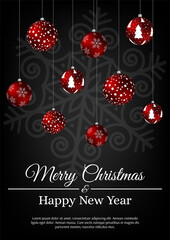 Merry Christmas and Happy New Year card design with christmas balls. Red, black and white colors. A4 vector illustration for card, invitation, flyer, poster, banner, brochure.