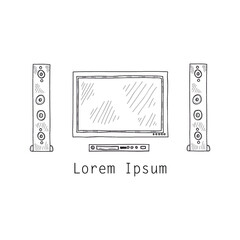Composition with cute hand drawn TV screen, 
loudspeakers and DVD player. Vector