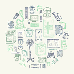 Round composition with cute hand drawn house appliances. Vector appliances collection