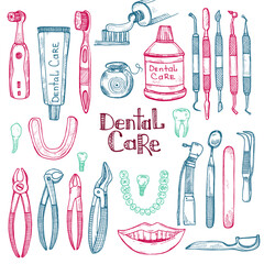 Dentist set including dentist tools and dental care tools. Vector hand drawn dental collection
