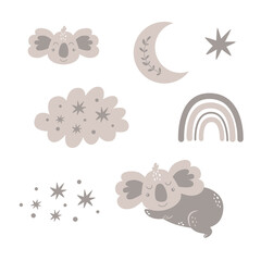 Good night isolated elements Cute Baby design. Sweet dreams clipart Sleeping koala, rainbow, cloud, moon, star