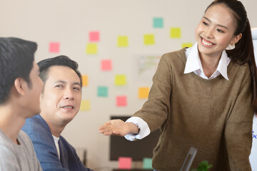 Business man and woman meetting talk about job for branding in office.