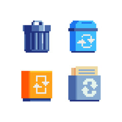 Package recycle bin. Garbage container icon. Trash Can. Pixel art flat style. Game assets. 8-bit style. Sticker design. Isolated abstract vector illustration. 