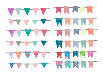 Collection of festive garlands, flags and decor on a white background. Hand drawing, congratulation, card