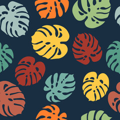 Colorful seamless pattern of monstera leaves, retro colors, prints, textiles
