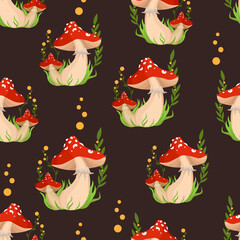 Seamless pattern of wild mushrooms, amanita in the grass on a brown background
