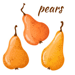 Collection of yellow pears with leaves, pear slices on a white background