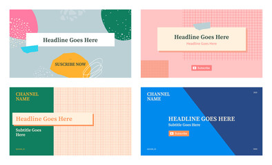 Youtube channel video thumbnail template set of four, social media graphic resources. Fashion trendy abstract texture style background with placeholder texts.