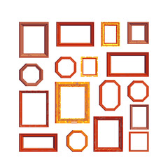 Frames. Set of gallery picture frames. Wooden and gold baguette. Pixel art style. Isolated vector illustration