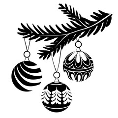 decorative christmas balls viast on a decorative branch in black color, vector illustration, isolated object on a white background,