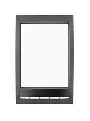 Electronic book on white background isolated close up, blank e-book, empty e-reader, digital screen book, ebook design, ereader tablet concept, copy space