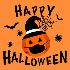 Happy Halloween concept vector illustration on orange background. Pumpkin wearing face mask and hat with flying bats and spider web in flat design.