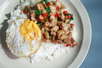 Stir Fried Chicken with Basil with Rice and fried egg