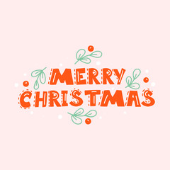 Merry Christmas red hand lettering with green floral on pink background.