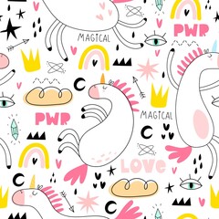 seamless pattern with cartoon unicorns, rainbows, clouds, decor elements. Magic. Colorful vector flat style for kids. Animals. hand drawing. baby design for fabric, print, wrapper, textile