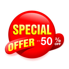 Special offer up to 50 off sales sticker in red bossy ellipse form - promo element for marketing offers and sales