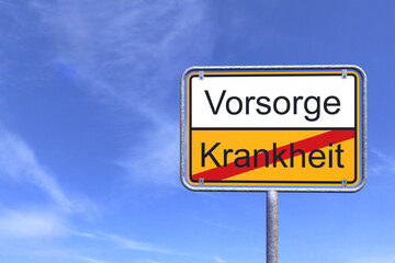 3d Illustration - Ortsschild - Ortstafel - Vorsorge - Krankheit - Himmel - Wolken