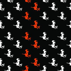 seamless pattern orange and white witch on a broomstick on a black background