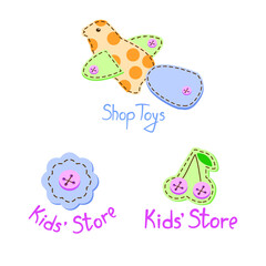 illustration with bird cherry, buttons with the inscription kids store and toy shop in the children's style