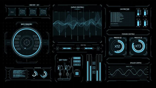 Futuristic user interface HUD. Game control target element. Technological neon digital background. Future radar screen. Blinking and switching indicators and statuses showing work of command center,pr
