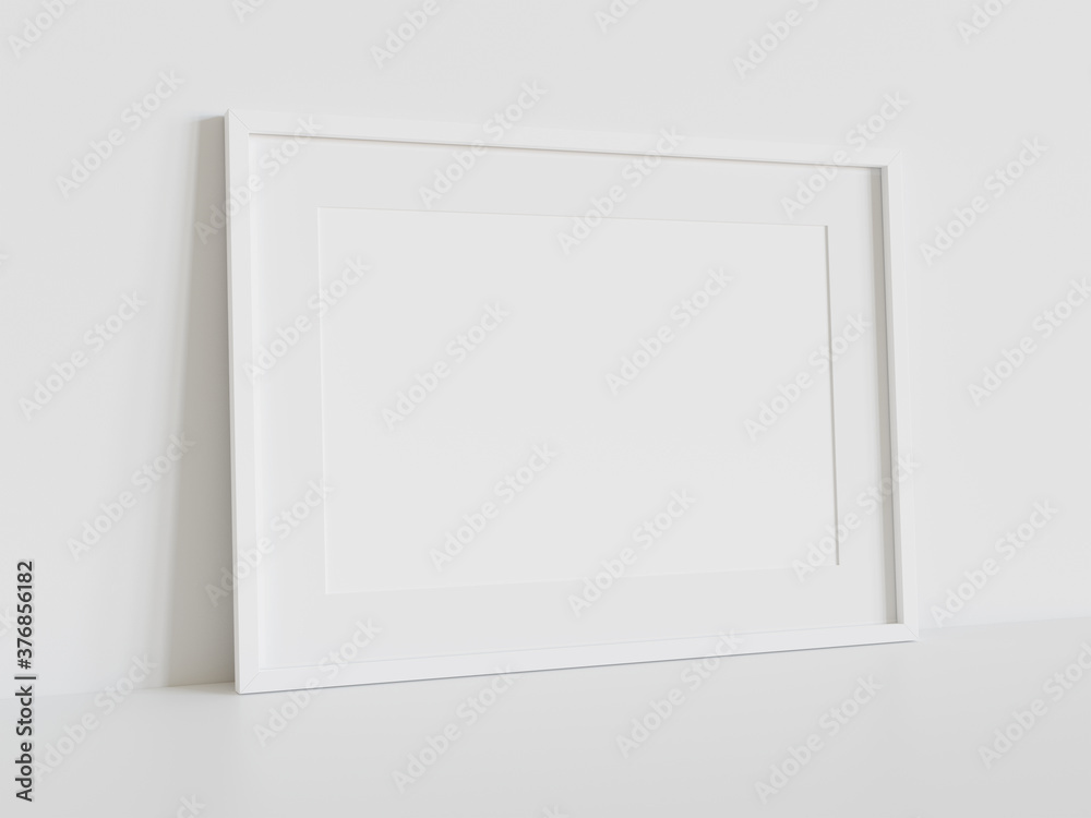 Poster white frame leaning on white floor in interior mockup. template of a picture framed on a wall 3d ren